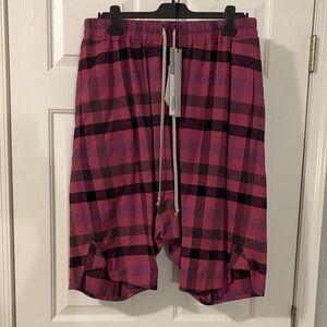Rick Owens Cotton Drawstring Basket Swinger Shorts in Hot Pink Plaid